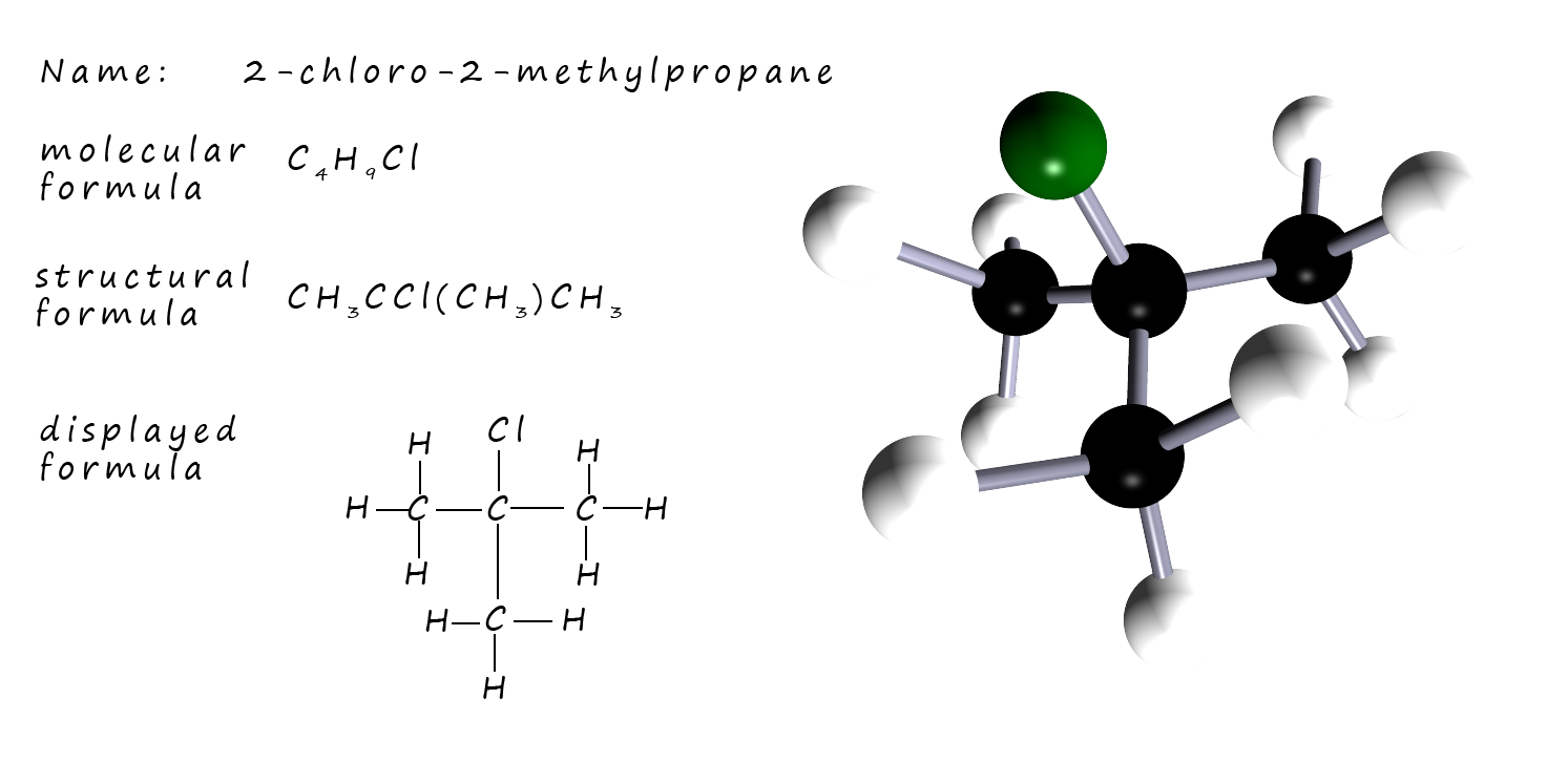 3d model, displayed formula, molecular formula of a tertiary example of a tertiary halogenalkane molecule.